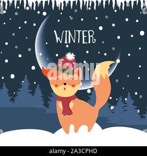 Hiver Cute fox profitant des chutes de neige sur fond de nuit avec des congères et des sapins. Kawaii fox en écharpe de noël dessin animé télévision Illustration de Vecteur