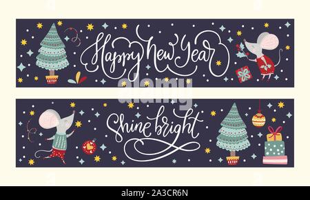 Noël drôle cartoon souris poster situé dans un style plat. Vecteur d'hiver long collection de bannières avec mignon souris Nouvel An sur les médias sociaux et les ventes. Illustration de Vecteur