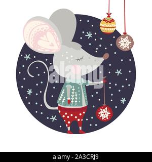 Funny cartoon Noël souris rêve dans un appartement de style. Vecteur d'hiver poster avec mignon Nouvelle Année les souris et boule de noël décorations. Illustration de Vecteur