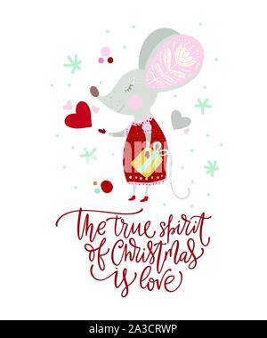 Noël drôle cartoon souris dans un style plat avec lettrage dessiné à la main - devis le véritable esprit de Noël, c'est l'amour. Vecteur d'hiver poster avec mignon Nouvelle Année les souris. Illustration de Vecteur