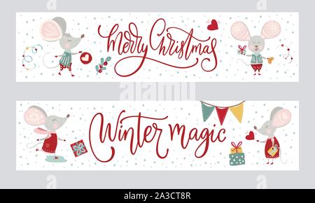 Noël drôle cartoon souris poster situé dans un style plat. Vecteur d'hiver long collection de bannières avec mignon souris Nouvel An sur les médias sociaux et les ventes. Illustration de Vecteur
