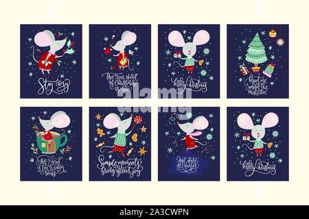 Noël drôle cartoon souris situé dans un style plat avec lettrage dessiné à la main. Collection d'affiches de vecteur hiver Nouvel An avec mignon les souris. Illustration de Vecteur