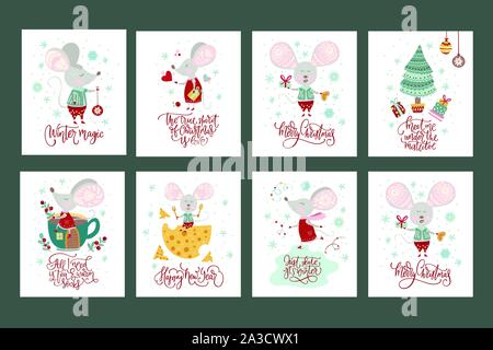 Noël : funny cartoon souris situé dans un style plat. avec lettrage dessiné à la main. Collection d'affiches de vecteur hiver Nouvel An avec mignon les souris. Illustration de Vecteur