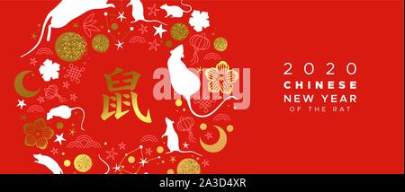 Le Nouvel An chinois 2020 carte de vœux de la souris d'or, les animaux symboles de l'astrologie traditionnelle et l'icône de la main de l'Asie d'or sur fond rouge. Calligrap Illustration de Vecteur