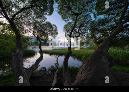 Des fontaines dans les îles Hupisaaret City Park (Ainolan puisto) à Oulu, Finlande Banque D'Images