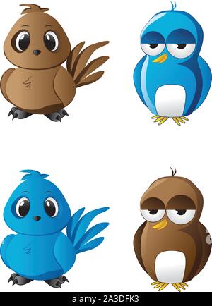 Cute cartoon oiseaux de couleur marron et bleu. Illustration de Vecteur