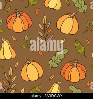 Automne doodle motif transparent avec les citrouilles et feuilles sur un fond brun. Illustration à la main Banque D'Images