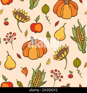 Automne doodle motif transparent avec des citrouilles, des fruits et des feuilles. Arrière-plan dessiné à la main Banque D'Images