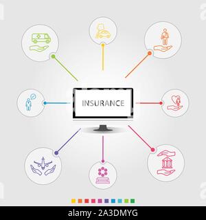 Vecteur conception infographiques d'assurance. Concept de montage : l'assurance médicale, assurance accident, assurance voyage d'icônes. Peut être utilisé pour rapport Illustration de Vecteur