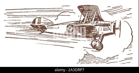 Biplan historique volant à haute vitesse. Après une illustration la lithographie du début du xxe siècle Illustration de Vecteur