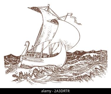 Navire marchand romain antique de la voile sur les vagues de la mer méditerranée. Après une illustration lithographie historique du début du xxe siècle Illustration de Vecteur