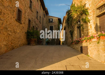 Paysage urbain de la cité fortifiée village médiéval de Volpaia dans la municipalité de Radda in Chianti, dans la province de Sienne en Italie. Banque D'Images