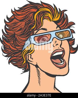 Femme à lunettes stéréo film. Retro pop art dessin illustration vectorielle Illustration de Vecteur