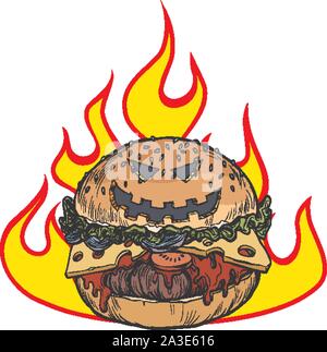 Burger d'Halloween dans les flammes de l'enfer. La nourriture chaude. Pop art retro vector illustration dessin vintage kitsch Illustration de Vecteur