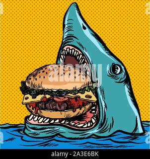 Manger un requin affamé. Burger restaurant fast food concept. Pop art retro vector illustration dessin vintage kitsch Illustration de Vecteur