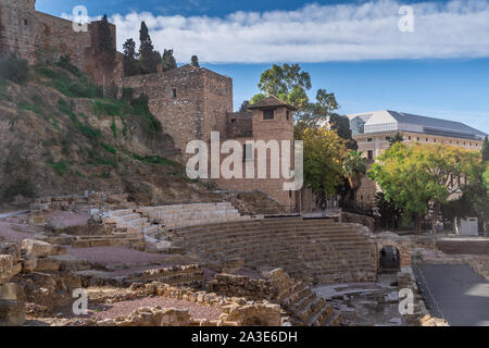 Vue de l'Amphithéâtre Romain à Malaga, Espagne Banque D'Images