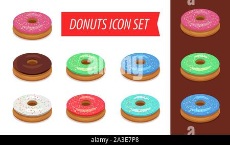 Donut Icon Set isolé sur fond blanc - Caricature de pictogramme pour pâtisserie savoureuse illustration beignerie ou maison de vacances menu des desserts. Illustration de Vecteur