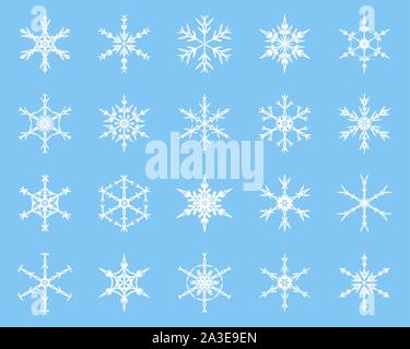 Collection Winter Snowflake Vector Elements. Silhouette blanche sur fond bleu. Illustration de Vecteur