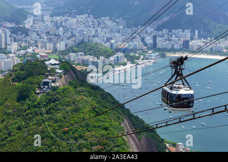 Rio de Janeiro/Brésil - 20 octobre 2018 : Vue aérienne du sommet de mont du Pain de Sucre (Pão de Açúcar) et le célèbre téléphérique (Bondinho). Banque D'Images