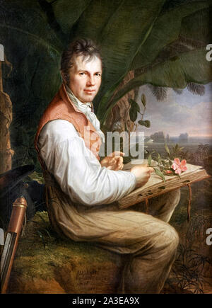 Alexander von Humboldt (1769-1859) mathématicien prussien un éminent naturaliste et explorateur qui a beaucoup voyagé en Amérique du Nord et du Sud et a été le premier à décrire le changement climatique dû aux activités humaines. Portrait de Friedrich Georg Weitsch (1758-1828) peint en 1806 montrant l'examen d'un spécimen de l'usine de Humboldt au Venezuela en 1799. Banque D'Images