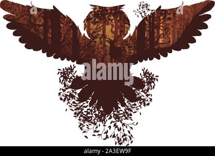 Les feuillus Forêt d'automne paysage avec des silhouettes d'arbres et des terriers. Illustration de Vecteur