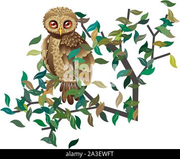 Cute brown owl se trouve sur abstract branche d'arbre avec des feuilles vertes. Illustration de Vecteur