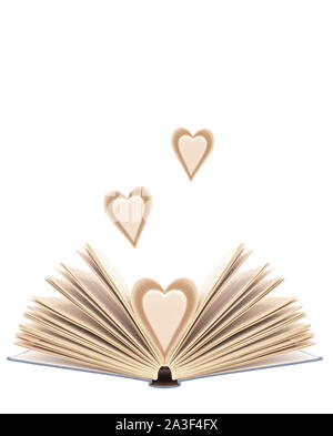 Livre ouvert avec les pages en forme de cœur, avec des pages de coeur, isolé sur fond blanc. Bibliophilia. Banque D'Images