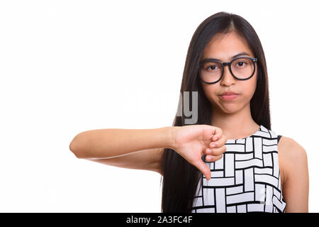 Young Asian teenage nerd girl giving thumb down Banque D'Images