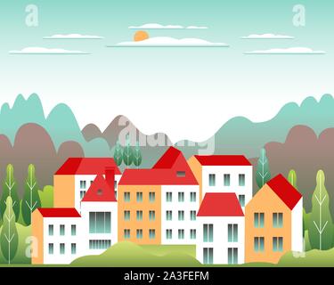 Les collines et montagnes paysage, house farm en télévision style design. Panorama plein air campagne illustration. Champ vert, arbre, forêt, ciel bleu et soleil Illustration de Vecteur