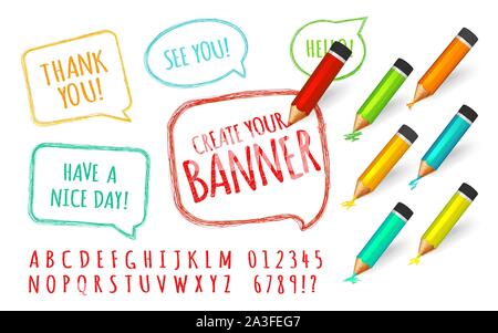 Jeu de bulles de peinture avec des crayons. Des bannières, des crayons de couleur de la collection et doodles police pour créer un modèle de scénario. Croquis dessinés à la main, à la ligne Illustration de Vecteur