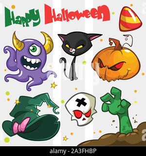 Vector set de Halloween citrouille et les attributs des icônes pour la décoration. Chat de sorcière, tête de citrouille, crâne, chapeau de sorcière, zombie hand, violet monster, big cand Illustration de Vecteur