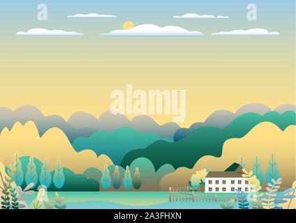 Les collines et montagnes paysage, house farm en télévision style design. Panorama plein air campagne illustration. Champ vert, arbre, forêt, ciel bleu et soleil Illustration de Vecteur