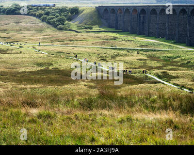 Les randonneurs sur un sentier sous le viaduc de Ribblehead Yorkshire Dales National Park en Angleterre Banque D'Images