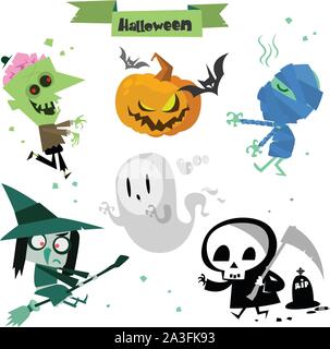 Cute cartoon personnages de l'Halloween icon set. Zombie, tête de citrouille, maman, bat, sorcière, fantôme, Grim Reaper, décès et cimetière. L'élément vecteur Halloween Illustration de Vecteur