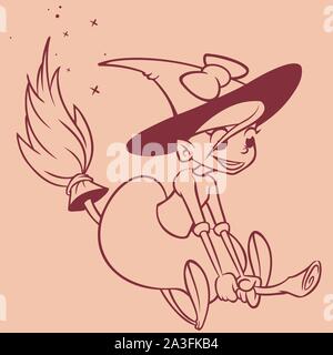 Halloween sorcière volant sur son balai de contours. Silhouette noire de la sorcière dessin animé. Livre de coloriage Illustration de Vecteur