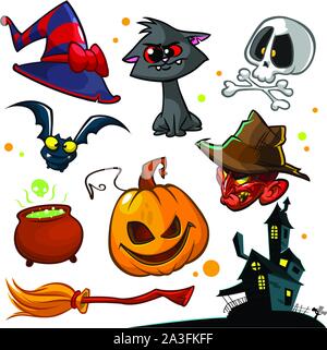 Vector set de Halloween citrouille et les attributs d'icônes. Chat de sorcière, tête de citrouille, crâne, chapeau de sorcière, poisonpot, balai, et Haunted House Illustration de Vecteur