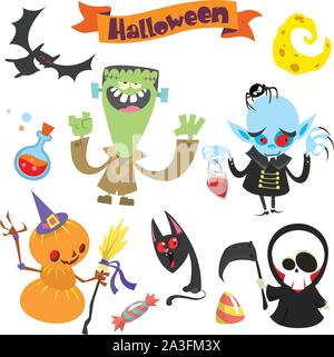 Cute cartoon personnages de l'halloween icon set.Frankenstein, tête de citrouille, chauve-souris, chat de sorcière, vampire et Grim Reaper. Vector illustration Illustration de Vecteur