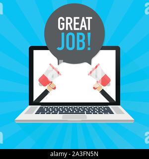 Ordinateur portable ordinateur portable écran de l'ordinateur. Hand holding megaphone. Excellent travail ! Dans le texte bulle. Stock Vector illustration. Illustration de Vecteur