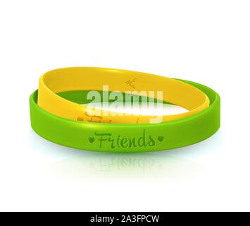 Journée de l'amitié, bonne fête de l'amitié. Deux bracelets en caoutchouc pour meilleurs amis jaune et vert. Bracelets Silicone sur fond blanc. Vector illust Illustration de Vecteur