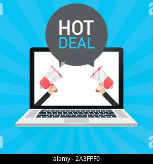 Ordinateur portable ordinateur portable écran de l'ordinateur. Hand holding megaphone. Hot Deal dans le texte bulle. Stock Vector illustration. Illustration de Vecteur