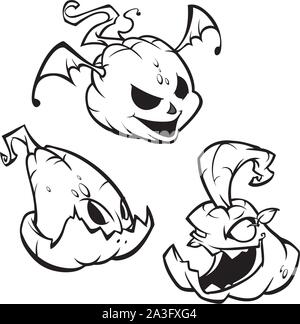 Vector set de retour et d'effarouchement blanc Halloween Pumpkins avec diverses expressions. Cartoon caractères coloriage Illustration de Vecteur