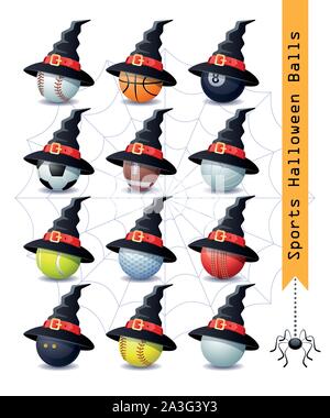 Collection de 12 différents sports Halloween balles avec un chapeau de sorcière pour votre travail créatif. Vector illustration. Illustration de Vecteur