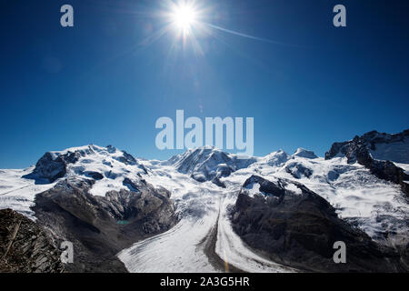 Glacier du Gorner ou Gornergletscher au Gornergrat montrant Monte Rossa massif, au-dessus de Zermatt en Suisse. Septembre 2019 Le glacier du Gorner (allemand : G Banque D'Images