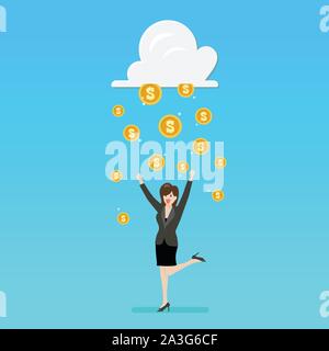 Femme d'affaires avec succès et de l'argent nuage de pluie. Vector illustration Illustration de Vecteur