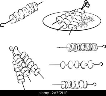 Ensemble de la viande ou des légumes grillés, des plats traditionnels, des steaks Barbecue, Kebab ou des brochettes. Les contours noir isolé sur fond blanc. Vector Illustration de Vecteur