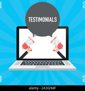 Ordinateur portable ordinateur portable écran de l'ordinateur. Hand holding megaphone. Dans le texte du témoignage du bulle. Stock Vector illustration. Illustration de Vecteur