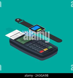 Les paiements mobiles concept infographie présentation. Smartwatch avec la technologie NFC sans fil faisant des transactions sans contact. Stock Vector illustration. Illustration de Vecteur