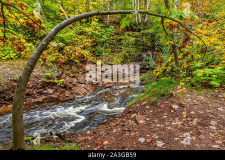 La couleur de l'automne à rapids au-dessous de la cascade Falls hongrois dans la Péninsule Supérieure du Michigan. Banque D'Images