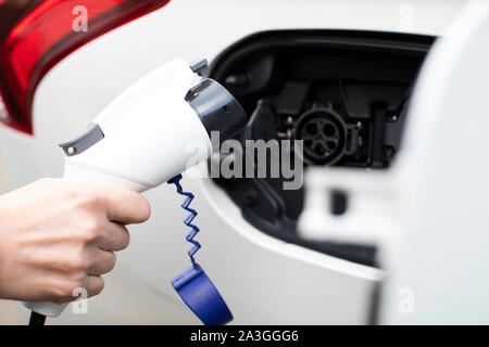 Fixation de câble d'alimentation sur l'Environnement Voiture électrique zéro émission Banque D'Images