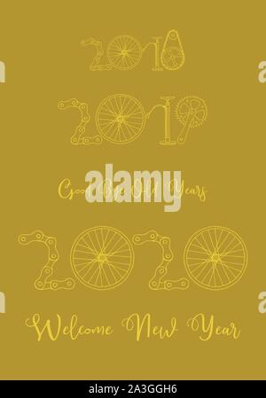 Au revoir vieux ans et nouvelle année 2020 bienvenue, location d'illustration vectorielle, à la main dans une palette de couleurs jaune/or Illustration de Vecteur